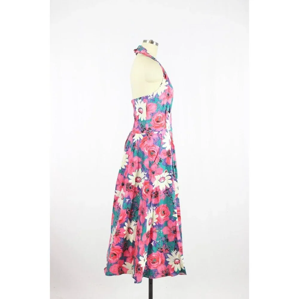 Vintage 80's CANNES Pink Floral Cotton Canvas Halter Midi Circle Dress, Size 14 - Picture 3 of 15